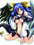  asymmetrical_wings blue_hair blush bow breasts choker dizzy guilty_gear hair_bow hirayama-h large_breasts long_hair midriff navel red_eyes ribbon solo tail tail_ribbon thighhighs twintails underboob wings 