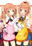  apron bad_id bad_pixiv_id blush bowl brown_hair bunny cooking finger_to_mouth food food_on_face hair_ornament hair_ribbon hairclip highres koi_(koisan) multiple_girls original plaid ponytail ribbon school_uniform skirt strap_slip stuffed_animal stuffed_toy thighhighs twintails whisk yellow_eyes zettai_ryouiki 