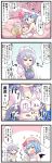  4koma blonde_hair blue_eyes blue_hair breast_padding comic commentary_request dumpling eating eyes_closed flandre_scarlet flat_chest flying_sweatdrops food grey_hair highres incest izayoi_sakuya maid maid_headdress navel open_mouth pointy_ears remilia_scarlet siblings sisters smile sweat tearing_clothes tissue_box topless torn_clothes touhou yellow_eyes yuri yuuutsu_shan 
