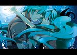  1girl air_bubble blue_eyes blue_hair blush bubble couple from_side genderswap genderswap_(ftm) hatsune_miku hatsune_mikuo hetero long_hair marirero_a profile tears twintails very_long_hair vocaloid water 