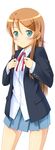  aqua_eyes bad_id bad_pixiv_id blazer blush brown_hair cosplay dress_shirt hair_ornament hairclip highres jacket k-on! komeimax kousaka_kirino long_hair nakano_azusa nakano_azusa_(cosplay) ore_no_imouto_ga_konna_ni_kawaii_wake_ga_nai pleated_skirt ribbon school_uniform seiyuu_connection shirt skirt smile solo taketatsu_ayana 