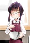  1girl alternate_costume apron black_hair blue-framed_eyewear blush brown_hair closed_mouth cooking eyebrows_visible_through_hair eyes_closed glasses kantai_collection kurona long_sleeves multicolored_hair okinami_(kantai_collection) shirt short_hair smile solo valentine white_shirt 