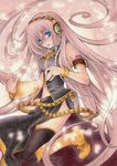  aoi_yuuka_(ao_no_kokoro) belt black_legwear blue_eyes boots detached_sleeves headphones long_hair megurine_luka midriff navel pink_hair smile solo tattoo thighhighs very_long_hair vocaloid 