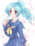  blue_hair botan_(yu_yu_hakusho) botan_(yuu_yuu_hakusho) chocolatecapsule female long_hair miniskirt ponytail red_eyes school_uniform skirt solo uniform white_background yu_yu_hakusho yuu_yuu_hakusho 