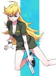  ahoge back_lace blonde_hair blue_eyes breasts cleavage female gun jumpsuit kneeling long_hair lowres open_clothes open_shirt panty_&amp;_stocking_with_garterbelt panty_(character) panty_(psg) shirt simple_background smile solo suguru_(godai_fifth) watch weapon white_background 