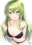  1girl absurdres bangs bikini bikini_tug black_bikini blush breasts cleavage collarbone frog_hair_ornament green_eyes green_hair hair_between_eyes hair_ornament hair_ribbon hair_tubes heart highres kochiya_sanae large_breasts long_hair navel nenobi_(nenorium) open_mouth ribbon sidelocks simple_background smile snake_hair_ornament solo stomach strap_slip swimsuit touhou tress_ribbon white_background 