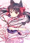  animal_ears black_hair bow branch domotolain hair_bow hair_ribbon japanese_clothes kimono long_hair obi otome_youkai_zakuro ribbon sash solo twintails zakuro_(otome_youkai_zakuro) 