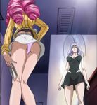  2girls antenna_hair ass bare_shoulders breasts cap cleavage dress drill_hair isuzu_emi large_breasts legs long_hair multiple_girls natsume_maya panties pink_hair pink_panties purple_hair screencap short_hair skirt standing tenjou_tenge thighs underwear upskirt weapon 