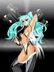  aqua_hair armpits bowalia breasts hatsune_miku large_breasts long_hair navel orange_eyes ponytail sideboob solo thighhighs thighs underboob vocaloid 