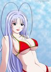  antenna_hair bare_shoulders bikini blue_eyes breasts female gradient gradient_background highres hot large_breasts lipstick long_hair looking_at_viewer makeup natsume_maya navel purple_hair simple_background sitting solo swimsuit tenjou_tenge very_long_hair 