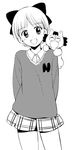  :d bow face greyscale hair_bow hamao hime-chan_no_ribbon monochrome nonohara_himeko open_mouth school_uniform short_hair skirt smile solo sweater 