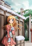  absurdres angetsu_no_koshousha bad_id bad_pixiv_id blue_eyes fence highres kousaka_kirino long_hair orange_hair ore_no_imouto_ga_konna_ni_kawaii_wake_ga_nai scarf snow solo 