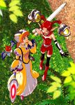 :d ^_^ bare_shoulders boots clenched_hand closed_eyes dress eye_contact fomarl from_above gloves grass hand_to_own_mouth hat hunewearl jpeg_artifacts kamitsuki_manmaru knee_boots long_hair looking_at_another mag_(phantasy_star) multiple_girls nature open_mouth orange_hair over_shoulder phantasy_star phantasy_star_online pointy_ears puffy_sleeves red_hair short_twintails shorts single_glove sleeveless smile sword thighhighs twintails wand weapon wide_sleeves yellow_dress zettai_ryouiki 