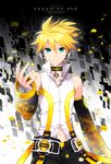  bad_id bad_pixiv_id bare_shoulders bass_clef blonde_hair blue_eyes choker detached_sleeves headphones kagamine_len kagamine_len_(append) looking_at_viewer male_focus nardack navel outstretched_arm petals popped_collar sleeveless solo vocaloid vocaloid_append 