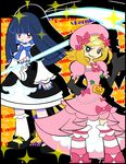  bad_id bad_pixiv_id blonde_hair blue_hair bow brown_eyes dress elbow_gloves engrish frederica_bernkastel frown gloves grin hair_bow hair_ornament hat holding holding_scythe lambdadelta long_hair multiple_girls panty_&amp;_stocking_with_garterbelt parody pink_hat ranguage red_eyes scythe smile sparkle style_parody suihei_liebe umineko_no_naku_koro_ni 