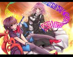  asymmetrical_wings black_legwear gradient_hair hijiri_byakuren houjuu_nue letterboxed long_hair looking_at_viewer multicolored_hair multiple_girls red_eyes rimu_(kingyo_origin) scroll sitting smile sorcerer's_sutra_scroll thighhighs touhou v_arms wings yellow_eyes 