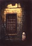  bare_shoulders blackball dark dungeon highres leg_hug long_hair original prison red_eyes ruins sitting solo white_hair 