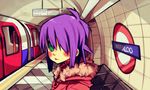  1girl blush coat female food gorillaz green_eyes looking_at_viewer noodle noodle_(gorillaz) noodles purple_hair short_hair solo subway train 