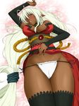  antenna_hair blush breasts cleavage dark_elf dark_skin detached_sleeves elf long_hair medium_breasts open_mouth panties pointy_ears sansei_muramasa side-tie_panties solo soukou_akki_muramasa thighhighs toki_(tokihakashi) underwear white_hair 