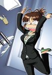  @_@ akizuki_ritsuko anger_vein antenna_hair breasts brown_eyes brown_hair business_suit cleavage cover_image folded_ponytail formal glasses high_heels idolmaster idolmaster_(classic) idolmaster_2 mashin_eiichirou medium_breasts open_mouth pant_suit pants ragequit shoes solo suit table table_flip 
