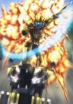  belt explosion glowing glowing_eyes ground_vehicle highres kamen_rider kamen_rider_ooo kamen_rider_ooo_(series) motor_vehicle motorcycle pose ratoratah_(ooo_combo) riding shingo_(picturepuzzle) standing sword weapon yellow 