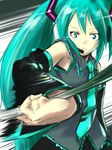  aqua_eyes aqua_hair armpits detached_sleeves dokuromaru foreshortening green_eyes green_hair hands hatsune_miku long_hair motion_blur necktie solo very_long_hair vocaloid 