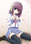  absurdres angel_beats! bangs blunt_bangs green_eyes hairband highres kneeling panties pantyshot pantyshot_(kneeling) pantyshot_(sitting) petals purple_hair school_uniform serafuku short_hair sitting skirt solo thighhighs underwear wariza yuri_(angel_beats!) zhandou_greymon 