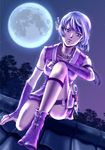  bad_id bad_pixiv_id blue_eyes dutch_angle elbow_gloves full_moon gloves highres jewelry kunai moon moonlight necklace night ninja original purple_hair rooftop solo star time-flies tree weapon 