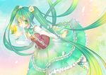  aqua_eyes aqua_hair bad_id bad_pixiv_id boots bow bowtie bug butterfly dress flower fuyu_mochi green_eyes green_hair hair_flower hair_ornament hatsune_miku insect long_hair one_eye_closed smile solo sparkle twintails very_long_hair vocaloid 
