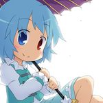  blue_eyes blue_hair blush heterochromia purple_umbrella red_eyes smile solo tatara_kogasa touhou umbrella yamabuki_(yusuraume) 