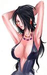  armpits arms_up atomomo beauty_mark black_hair breasts cleavage earrings erect_nipples female final_fantasy final_fantasy_x jewelry long_hair lowres lulu lulu_(final_fantasy) mole necklace one-piece_swimsuit one_piece_swimsuit red_eyes simple_background solo square_enix swimsuit white_background 