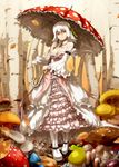  albino amanita_muscaria autumn_leaves bangs bare_shoulders belt bodice boots breasts buckle cleavage cross-laced_clothes detached_collar detached_sleeves dress fly_agaric forest frilled_dress frilled_sleeves frilled_umbrella frills fungus hair_between_eyes hair_ornament highres holding holding_umbrella layered_clothing leaf long_skirt long_sleeves medium_breasts mushroom nature neck_ribbon oso-teki_kinoko_gijinka_zukan oso_(toolate) outdoors overskirt personification red_eyes ribbon short_hair skirt smile standing strapless too_many too_many_frills tree umbrella white_footwear white_hair white_skirt 