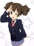  amano_kouki brown_eyes brown_hair k-on! official_style one_eye_closed salute school_uniform short_hair solo suzuki_jun twintails 