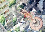  bad_id bad_pixiv_id brown_eyes brown_hair building cityscape confetti crescent_moon digital_dissolve falling feet japanese_clothes moon oriental_umbrella original parasol sandals sime_(echo) solo surreal umbrella 