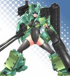  armor armored_core armored_core:_for_answer bangs black_gloves black_legwear blue_eyes breasts covered_navel covered_nipples dual_wielding elbow_gloves fighting_stance foreshortening gloves gradient gradient_background green_hair groin groin_tendon gun hair_between_eyes halftone halftone_background hips holding impossible_clothes impossible_leotard large_breasts legs_apart leotard light_smile long_hair may_greenfield mecha_musume ment merrygate outline shiny shiny_clothes skin_tight smile smiley_face solo standing thighhighs thighs turtleneck very_long_hair weapon 