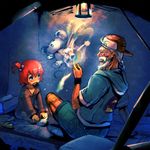  1girl beard blue_eyes bow_(bhp) bread child destruction facial_hair food highres lamp magic old_man original red_hair sitting smile stuffed_toy stuffing tears tent 