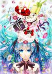  birthday blue_eyes blue_hair bow bowtie cake cake_hat daisy floating_hair flower food fork fruit gift hair_ribbon hat hatsune_miku long_hair oharu ribbon solo strawberry twintails vocaloid 