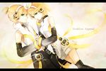  1girl aqua_eyes belt blonde_hair brother_and_sister detached_sleeves elbow_gloves gloves hair_ornament hair_ribbon hairclip headphones holding_hands kagamine_len kagamine_len_(append) kagamine_rin kagamine_rin_(append) letterboxed navel ribbon short_hair shorts siblings smile tama_(songe) thighhighs twins vocaloid vocaloid_append 