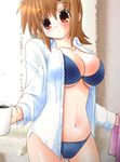  blush bra breasts brown_eyes brown_hair coffee cup ga_geijutsuka_art_design_class large_breasts lingerie mug nozaki_namiko open_clothes open_shirt panties shirt solo sugina_fujitaka underwear 