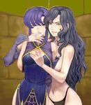  2girls amber_eyes bare_shoulders black_hair blue_eyes blue_hair blush breast_grab breasts censored cleavage elbow_gloves evil fingering fire_emblem fire_emblem:_rekka_no_ken fire_emblem_blazing_sword from_behind gloves grabbing hug hug_from_behind lips long_hair multiple_girls nude panties purple_eyes purple_hair short_hair side_slit sonia_(fire_emblem) topless underwear ursula_(fire_emblem) villain yellow_eyes yuri 