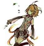  bad_id bad_pixiv_id blonde_hair detached_sleeves elbow_gloves gloves green_eyes hair_ribbon headphones hinoki_(tomatoxxx) kagamine_rin kagamine_rin_(append) leg_warmers ribbon short_hair shorts simple_background solo thighhighs vocaloid vocaloid_append 