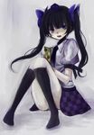  black_hair blue_eyes blush camera cellphone feet hat hata-tan highres himekaidou_hatate long_hair necktie phone pointy_ears purple_eyes shiratsuyu skirt solo thighhighs tokin_hat touhou twintails 