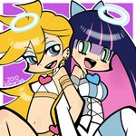  :d angel bad_id bad_pixiv_id eye_contact eyeshadow halo koruri locked_arms long_hair looking_at_another makeup multiple_girls official_style open_mouth panty_&amp;_stocking_with_garterbelt panty_(psg) smile stocking_(psg) thighhighs 