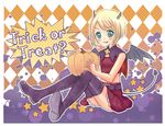  aqua_hair argyle argyle_background bat_wings blonde_hair erica_hartmann flat_chest grin halloween horns pumpkin smile solo strike_witches tail thighhighs trick_or_treat wings world_witches_series yuni_(seifuku-san) 