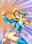  ass back_fist blonde_hair blue_eyes blue_leotard breasts cleavage cleavage_cutout heart highres large_breasts legs leotard long_hair long_legs looking_back mask matias_soto open_mouth punching rainbow_mika solo street_fighter thighhighs thighs twintails 