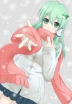  coat frog green_eyes green_hair highres kochiya_hizuki kochiya_sanae long_hair scarf skirt snow solo touhou 
