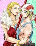  2girls bandana bandanna billy_kane blonde_hair blue_eyes breast_press breasts cleavage dress earring earrings geese_howard genderswap jewelry king_of_fighters m.u.g.e.n midnight_bliss mugen_(game) multiple_girls open_mouth overalls pixiv_thumbnail pole_stick red_dress resized short_hair snk staff 