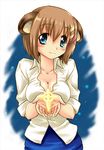  animal_ears blue_eyes breasts brown_hair cleavage colorized highres lyrical_nanoha mahou_shoujo_lyrical_nanoha_strikers medium_breasts raccoon_ears san-pon short_hair solo tamu_(mad_works) yagami_hayate 