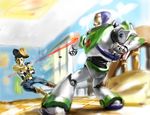  armor astronaut battle bed buzz_lightyear cowboy cowboy_hat duel epic gun handgun hat laser male_focus manzu multiple_boys revolver sheriff_woody toy_story weapon western 