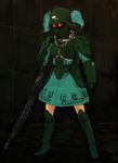  akai_megane aqua_hair armor armored_dress blue_hair boots cosplay dokuromaru gas_mask gun hat kawashiro_nitori machine_gun mask mg42 protect-gear solo standing touhou twintails two_side_up weapon 